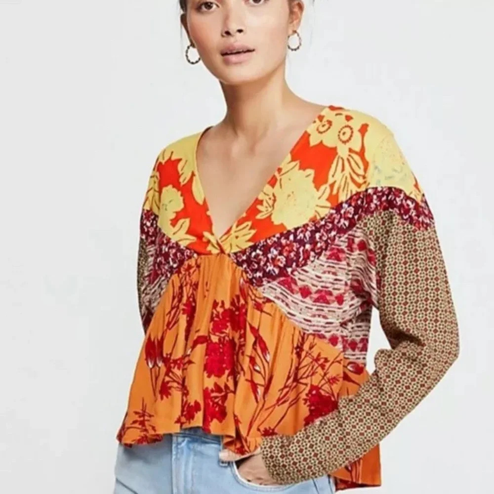 Free People Aloha State of Mind Patchwork Cropped Blouse